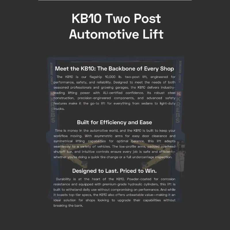 KREBS KB10/H-T 10,000lb 2-Post Automotive Lift