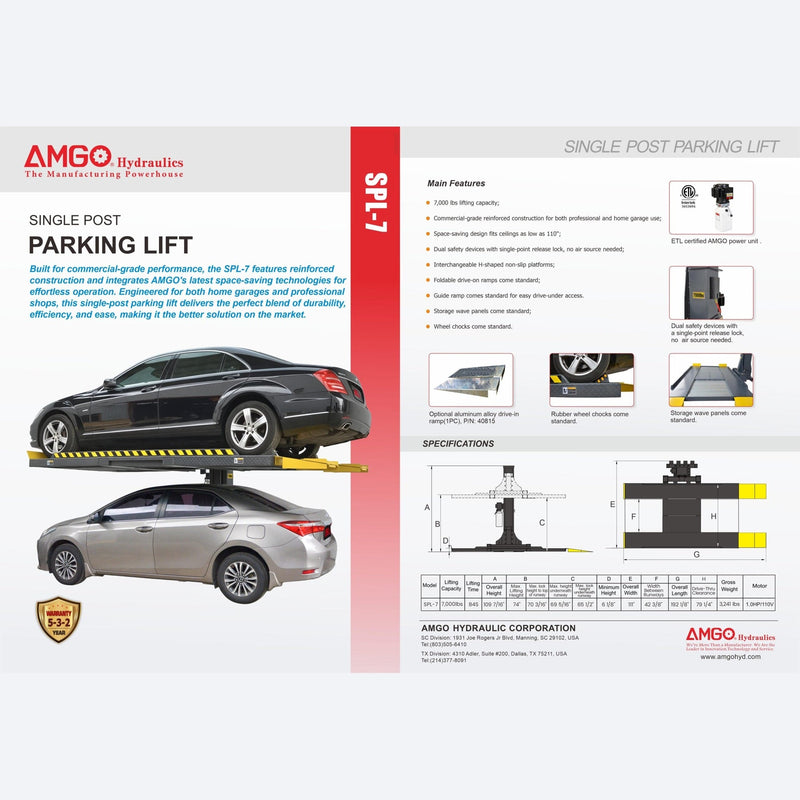 AMGO SPL-7 7,000 lb Single-Post Parking Lift