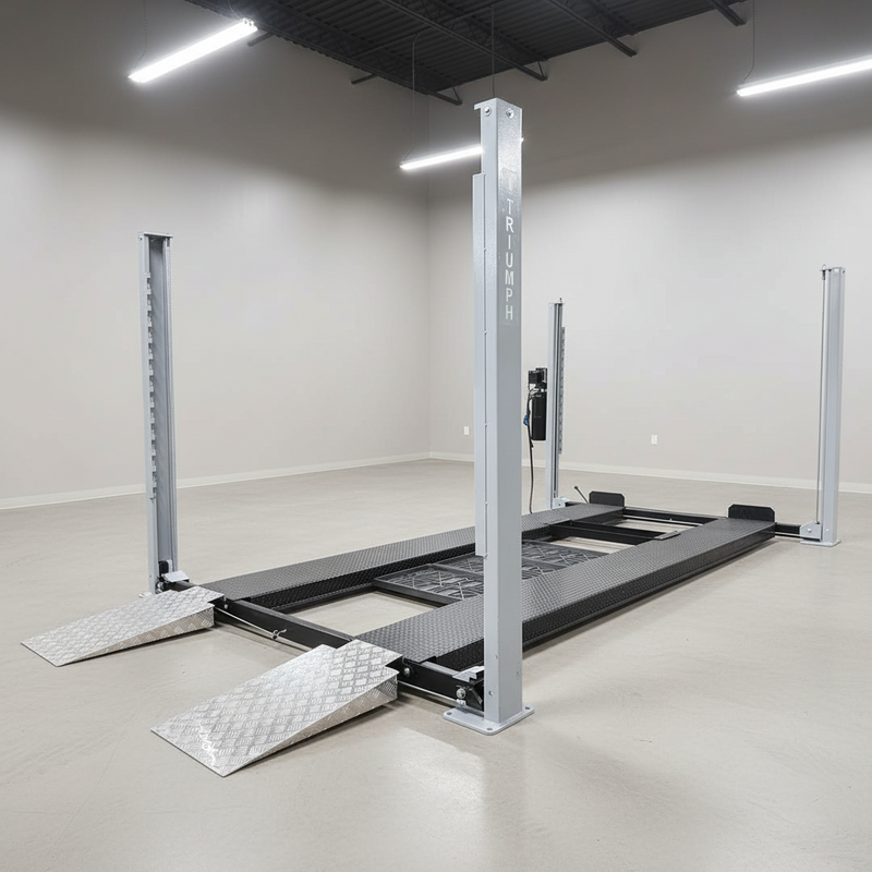 Triumph USA8000XLT 8,000 lb 4-Post Lift — Made in USA, Extended-Length Service & Storage Lift, Caster Kit + Jack Tray + 3 Drip Trays